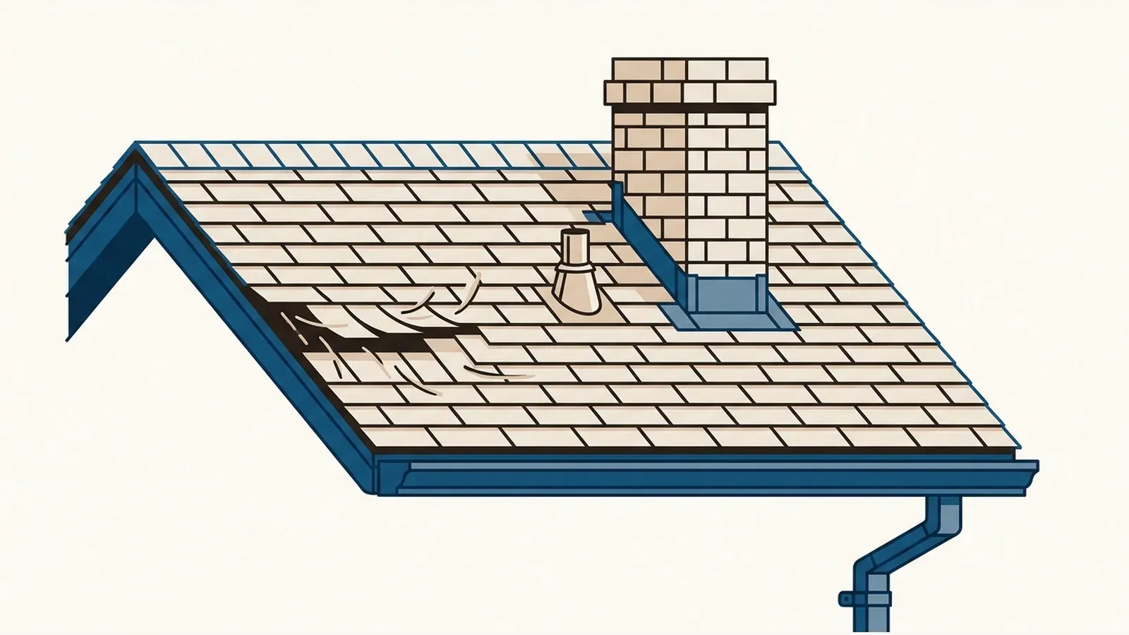 A flat illustration of a shingled roof plane with a chimney and flashing, a vent boot, a gutter and a few lifted shingle tabs