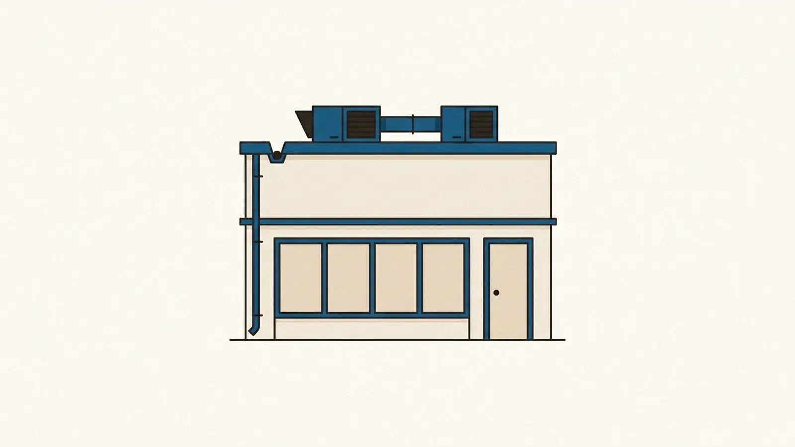 A flat illustration of a small commercial building with storefront glazing, a flat parapet roof and two rooftop mechanical units