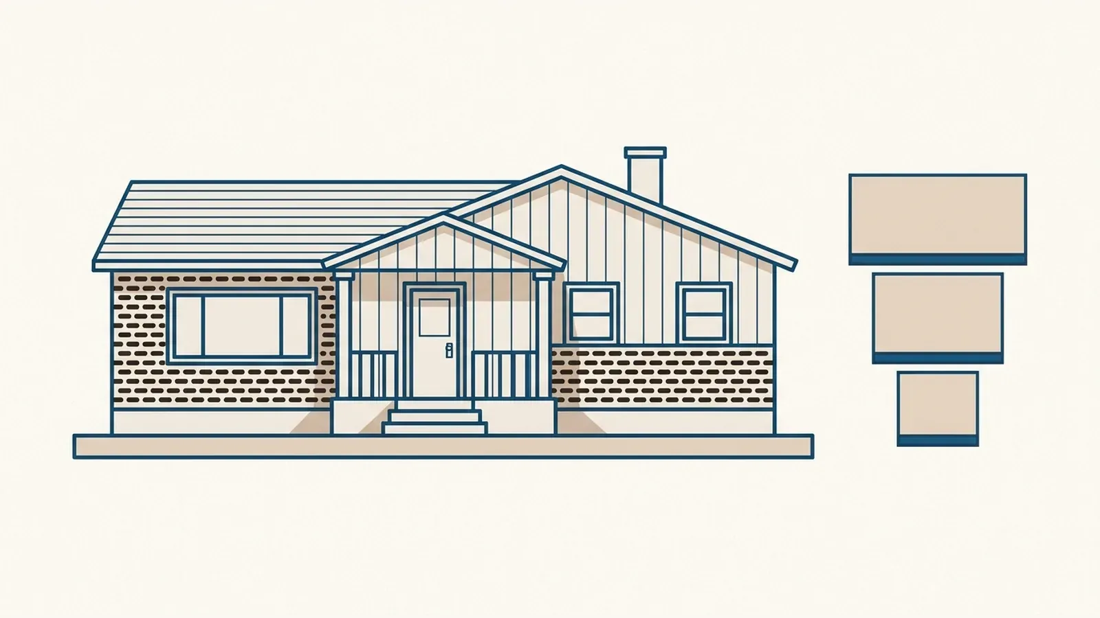 A flat illustration of a single-story brick and siding house shown straight on, beside three stacked rectangles of increasing size