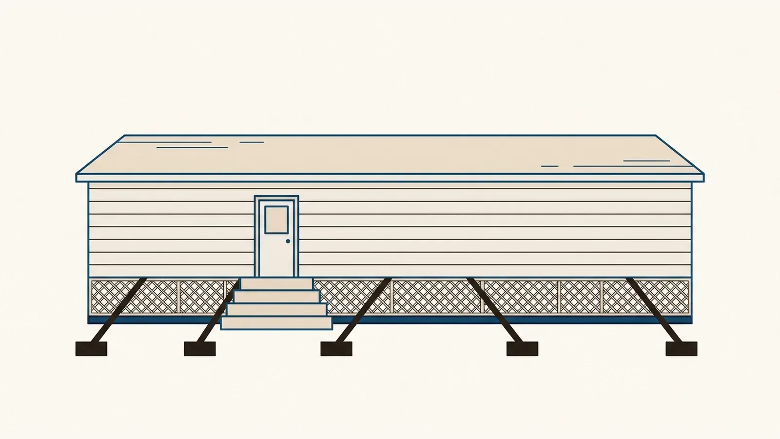 A flat illustration of a single-wide manufactured home in elevation with lattice skirting and tie-down straps at the base