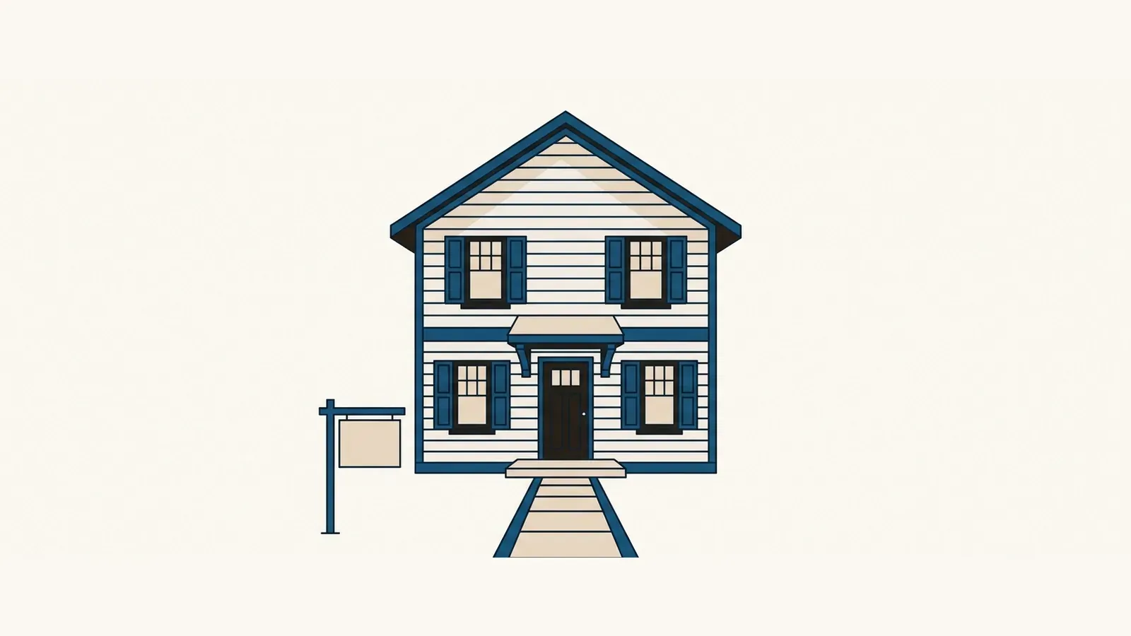 A flat illustration of a two-story house with a blank real estate yard sign in the front yard