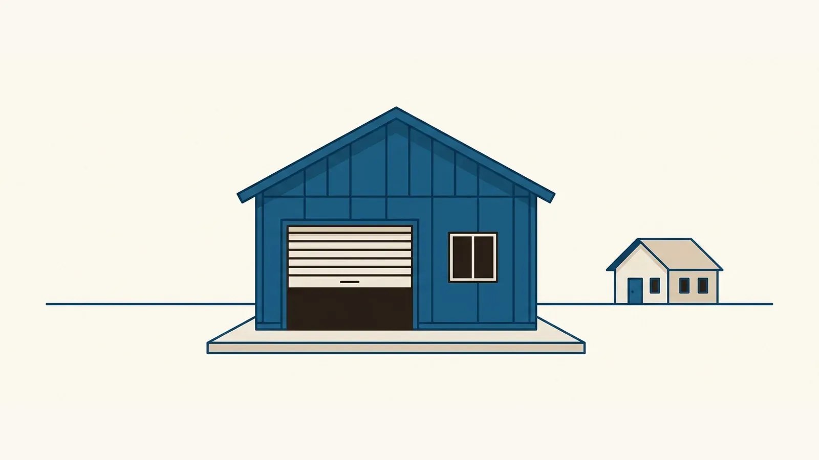 A flat illustration of a detached gable-roofed workshop with a wide roll-up door, with a smaller house set behind it