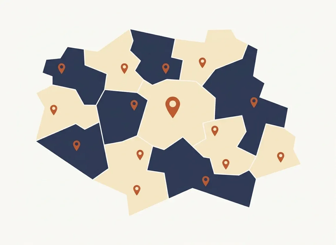 A flat illustration of adjacent map regions with small location pins spread across them and a larger pin marking a central home base